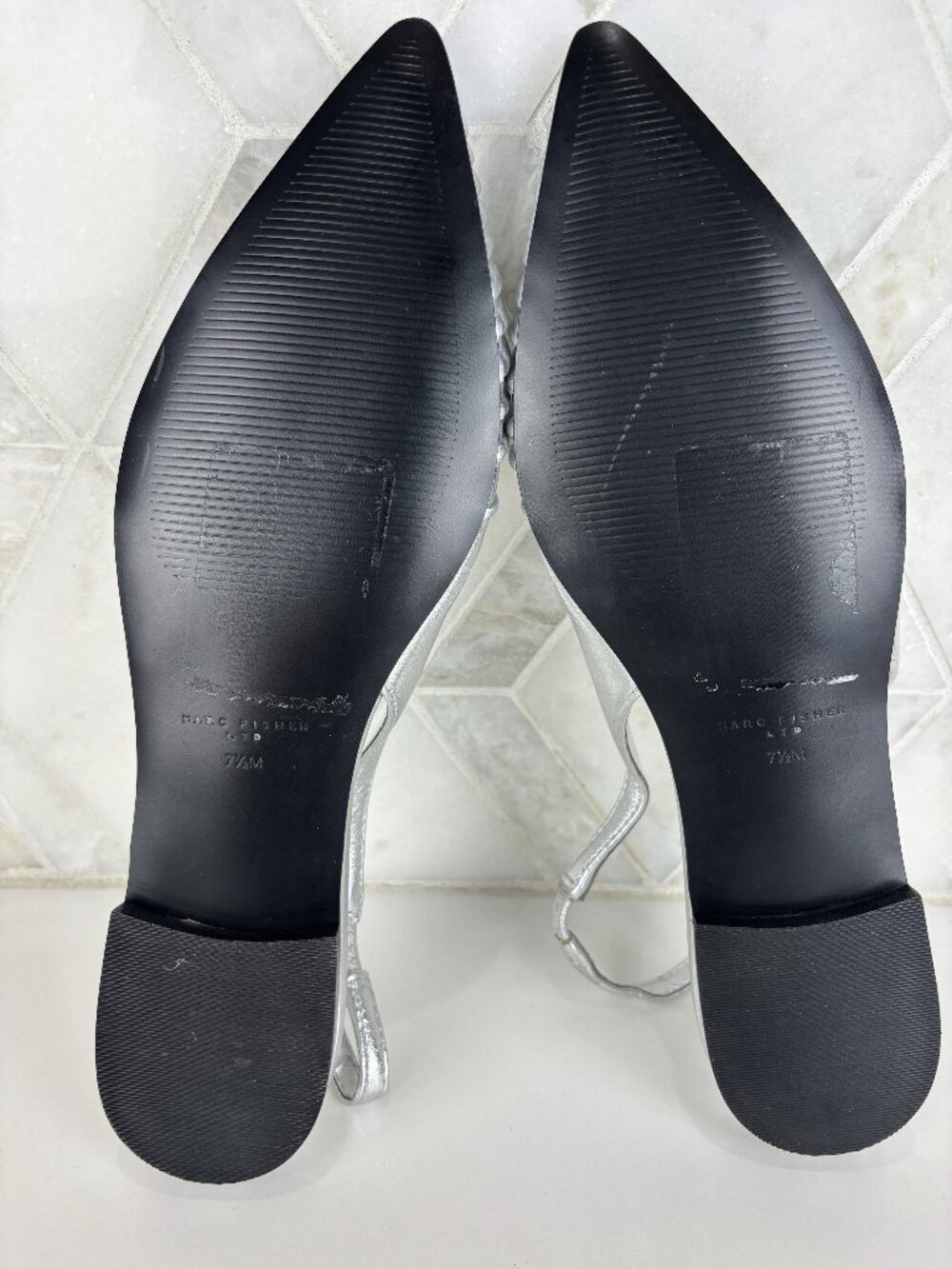7.5M Marc Fisher Dalatee Silver Ruched Gathered Pointed Toe Slingback Flat Shoe - Picture 12 of 14